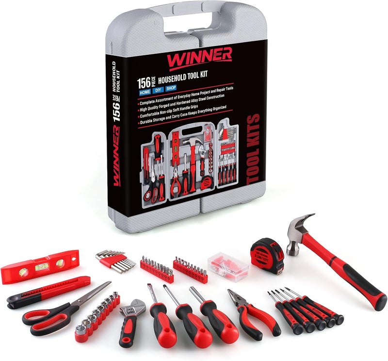 Winner طقم أدوات منزلية متعددة الاستخدامات مكون من 156 قطعة في صندوق أدوات قابل للطي، للجنسين | مجموعة أدوات يدوية كاملة وأساسية لإصلاحات المنزل العامة، السكن الجامعي، الشقق، هدية مثالية لاحتفالات الانتقال إلى منزل جديد والعطلات - Image 3